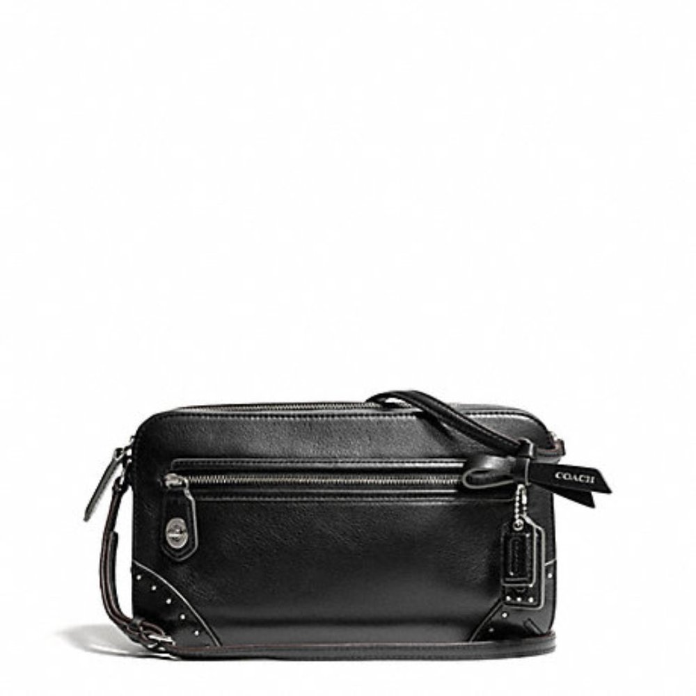 Coach Poppy Black Leather crossbody Excellent creed F26415 "Flight Bag" 9 x 6"